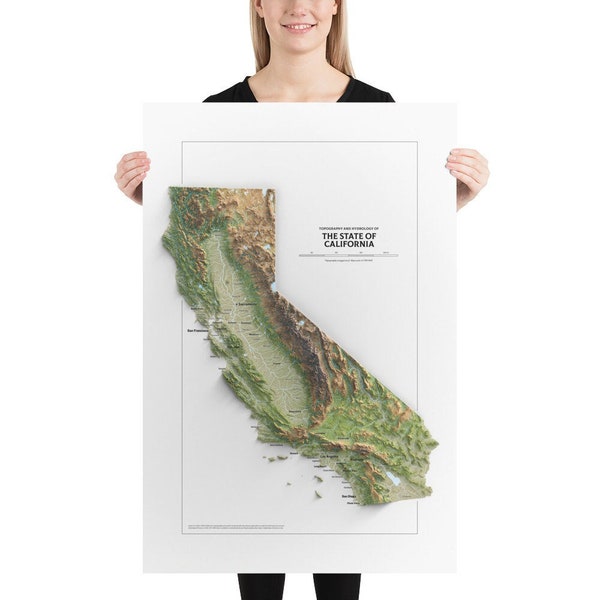 Affiche exquise de la carte de la Californie - Topographie et hydrologie dévoilées !