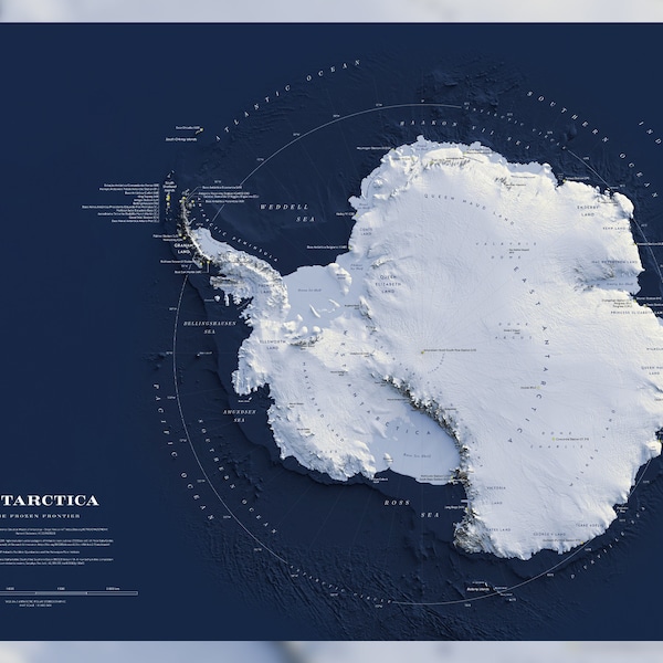 Odisea Antártica: Póster con mapa en relieve sombreado de la Antártida