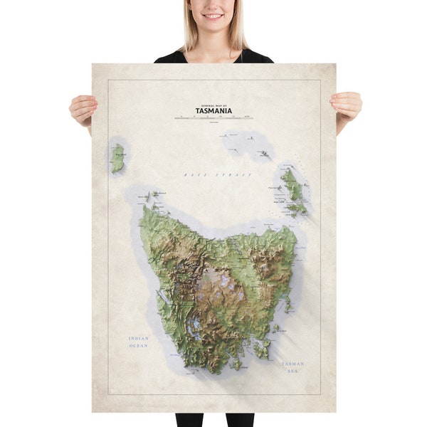 Tasmania Shaded Relief Map Poster - Wall Art (70x100 cm)