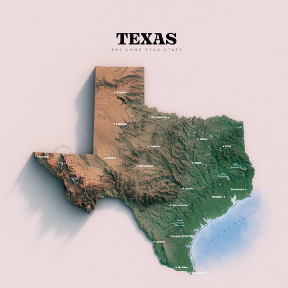 Texas Map Topographic Map of Texas Relief Map of Texas Etsy