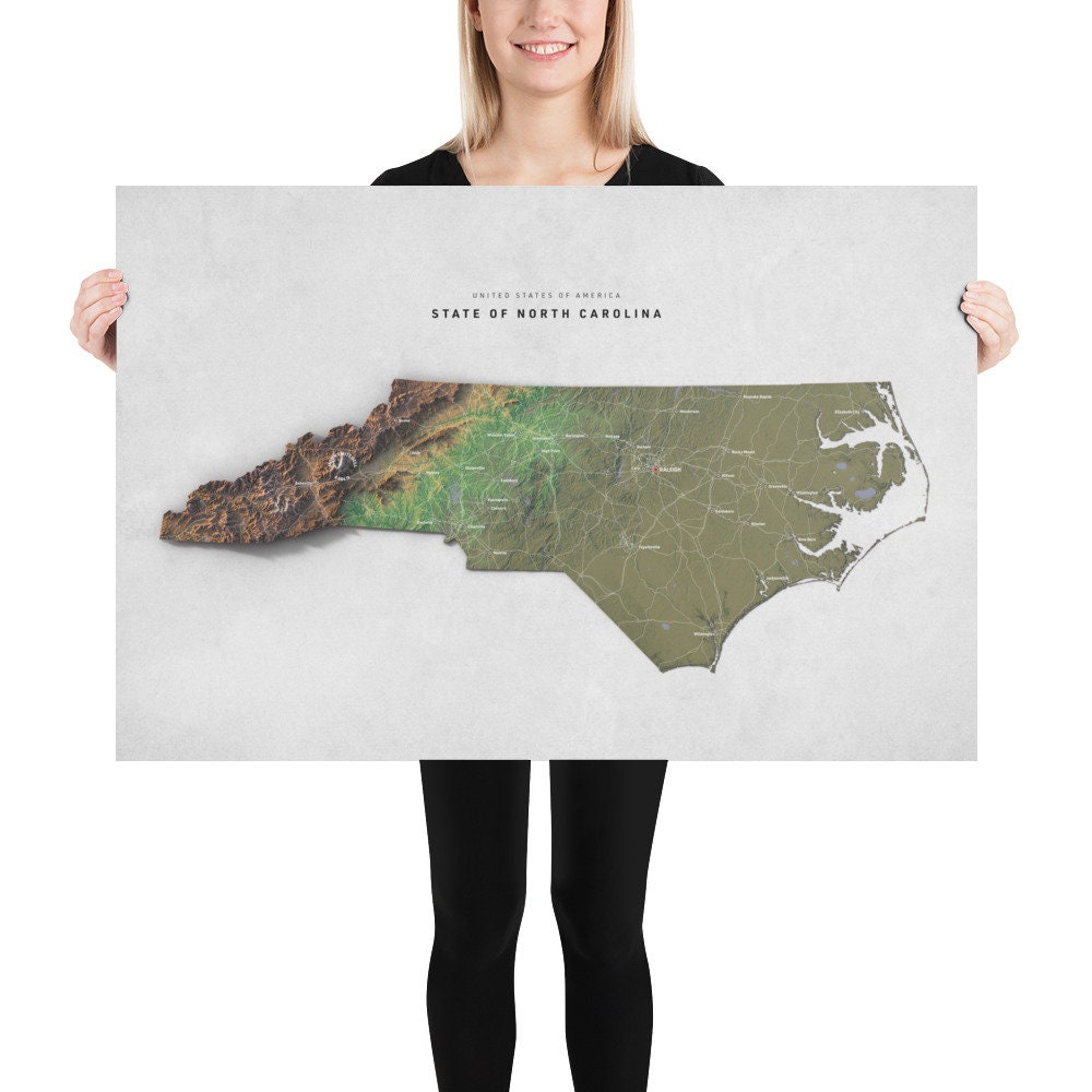 North Carolina Shaded Relief Map Poster - Etsy