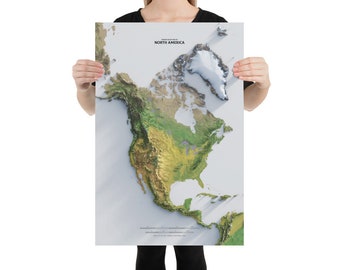 North America Shaded Relief Map - unlabelled and with exaggerated topography