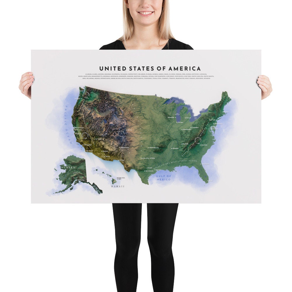 USA Map Poster Large Cities Highlighted - Etsy