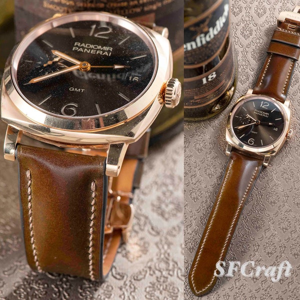 Bracelet de montre en cordovan shinki marron du Japon pour fermoir original fabriqué sur mesure par le propriétaire de Panerai en or rose (la montre n'est pas à vendre)