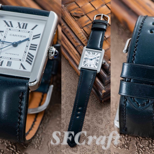 Japan Shinki diepblauwe cordovan horlogeband op maat gemaakt door Cartier Tank solo-eigenaar (horloge niet te koop)