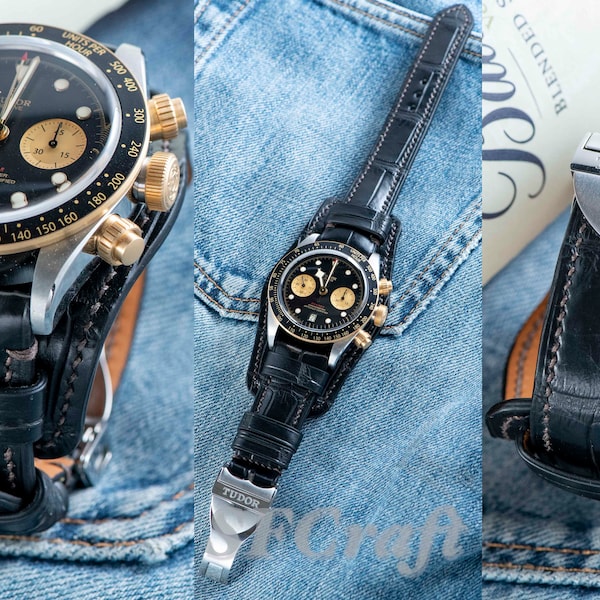 Alligator bund strap for Tudor Blackbay Chronograph with deployment buckle (no logo) (Watch not for sale)