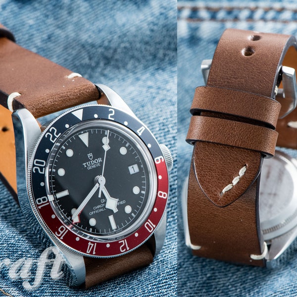 Brown Vegetable Tanned double shoulder Cowhide for Tudor Heritage Black Bay GMT with 20mm pin Buckle (Watch not for sale)