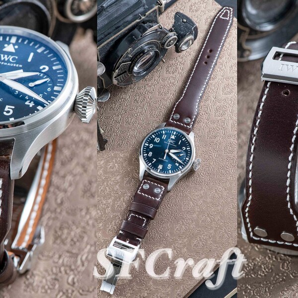 Bracelet de montre pilote en cuir de vachette Italie Buttero fabriqué sur mesure par le propriétaire d'IWC Pilot Chrono (montre non à vendre)