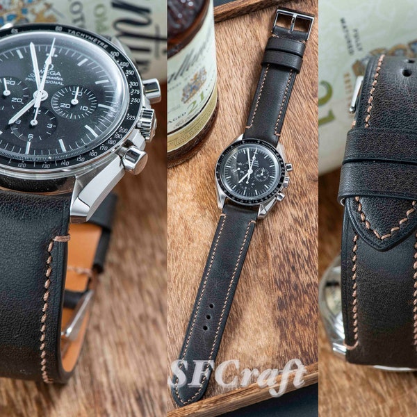 Dark Grey cowhide watch strap with pin buckle custom made by Omega Speedmaster owner (Watch not for sale)