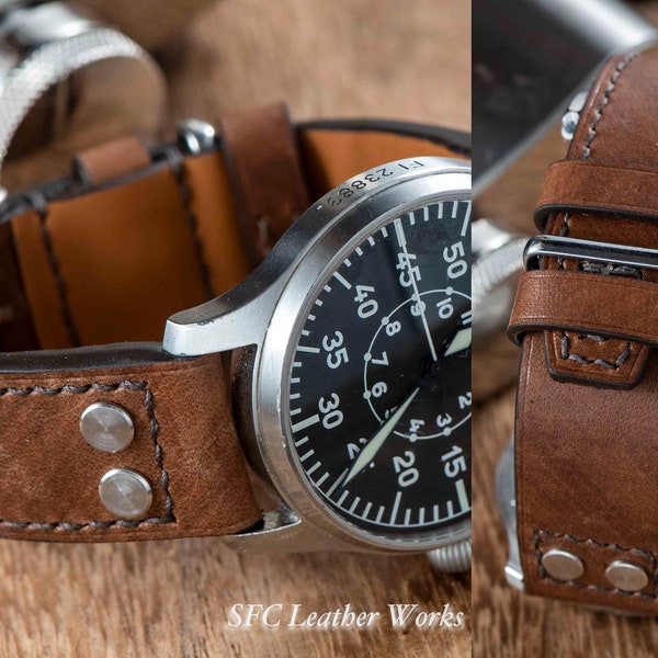 Brown hand dye colour cowhide watch strap custom made by Stowa Pilot owner (Watch not for sale)