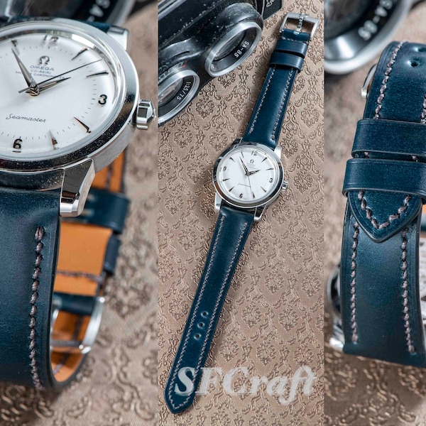 Japan Shinki deep sea blue shell cordovan leather watch strap custom made by Omega Seamaster 1948 owner (watch not for sale)