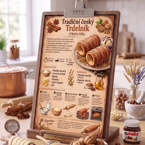 Pode incluir: Um quadro de receitas de madeira com o texto "Tradiční český Trdelník" e ilustrações de ingredientes e passos. A imagem inclui paus de canela, nozes e um frasco de Nutella, com medidas em cm.