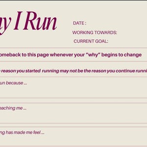 以下が含まれることがあります： Why I Runというタイトルのクリーム色のジャーナルページ。濃い紫色のテキストで、Date、Working Towards、Current Goalの欄があり、Right now I run because、Running is teaching me、Lately, running has made me feelといったプロンプトが含まれています。