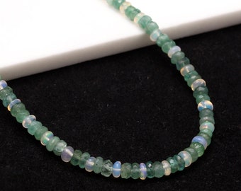 Dainty Emerald & Fire Opal Necklace – 4mm Beaded Gemstone Choker, Natural Ethiopian Opal, Minimalist Jewelry, Gift for Her, Wedding Necklace