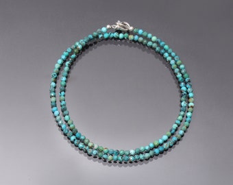 Turquoise Beaded Necklace, Sterling Silver Clasp, 3mm Micro Cut Beads