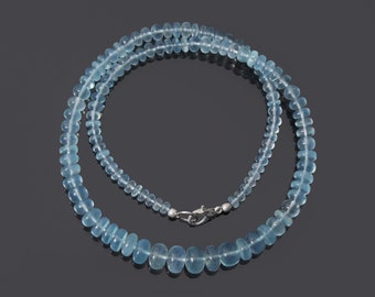Natural Aquamarine Necklace, Blue Beaded Handmade Necklace For Unisex Wear, 4-8.5 mm Smooth Rondelle Beads Jewelry