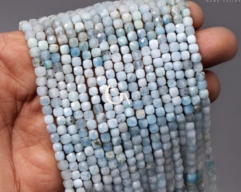 Aquamarine Faceted Cube Gemstone Beads, 4-4.5 mm Square Cube Beaded Strand, 12 Inches Beads Spacer