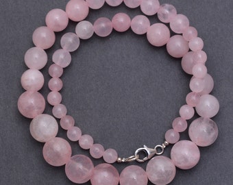 Pink Rose Quartz Bead Necklace, 6-12 mm Round Healing Quartz Necklace, Jewelry For Gift