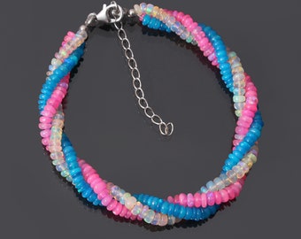 Pink Blue White Ethiopian Opal Beaded Bracelet, Multi Opal Twisted Beads Bracelet, 4-4.5 mm Smooth Rondelle, Anniversary Gift Idea