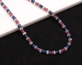 Blue Sapphire Ruby Opal Necklace – 4.5mm Faceted Rondelle Beads, Welo Opal & Mixed Gemstone Beaded Necklace, Dainty Gift for Her