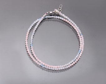 Collana rosa blu, collana minimalista morganite acquamarina, collana di perline rotonde sfaccettate da 2,5 mm, regali per la festa della mamma