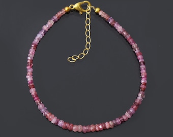 Pink Sapphire Beaded Bracelet, Birthday Gift Jewelry For Her, September Birthstone Bracelet, 3-3.5 mm Faceted Rondelle