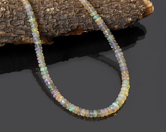3-5.5mm Genuine Opal Faceted Rondelle Necklace, Ethiopian Opal Jewelry, Layering Opal Necklace, Birthstone Gift for Her