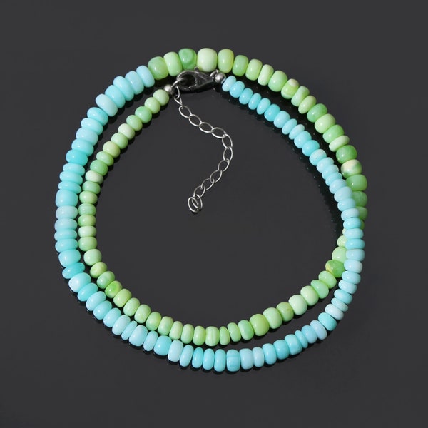 Collier de perles d'opale verte bleue péruvienne, collier de perles de rondelle lisse de 4,5 à 6 mm, cadeau d'anniversaire pour elle