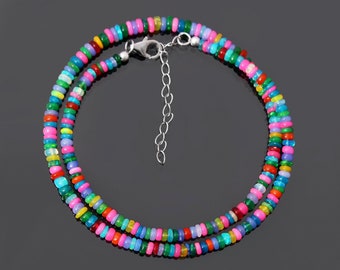 Multi Disco Fire Ethiopian Opal Beaded Necklace, Rondelle Beads 3.5-4 mm Minimalist Necklace, Gemstone Necklace Gift For Wife