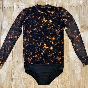 Boys Figure Skating Top Mesh Fire Lava Print, Optional Rhinestones