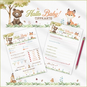Baby Tippkarten | Babyparty Spiel | Waldtiere Bär Fuchs | Wünsche für das Baby | PDF Vorlage in A6 A5 A4 | Sofort Download und Ausdruck