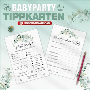 Babyparty Spiel | Baby Tippkarten | Ausfüllkarten | Eukalyptus | Wünsche für das Baby | PDF Vorlage in A6 A5 A4 | Sofort Download und Druck