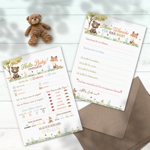 Baby Tippkarten Waldtiere Bär Fuchs | Babyshower Geschenk | Babyparty Spiel | Ausfüllkarten | Wunschkarten | Baby Ratespiel | Größe A6 / A5