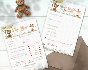 Baby Tippkarten Waldtiere Bär Fuchs | Babyshower Geschenk | Babyparty Spiel | Ausfüllkarten | Wunschkarten | Baby Ratespiel | Größe A6 / A5