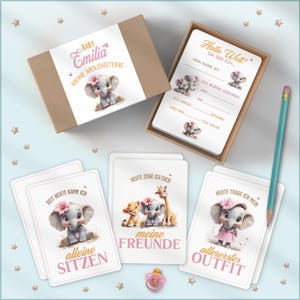 50 Baby Meilensteinkarten personalisierbar | inkl. süßer Schachtel | Elefant Mädchen | DAS Geschenk zur Schwangerschaft und Geburt