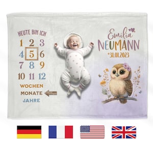 Manta de hito para bebé personalizada | Manta de hito con nombre | Manta de búho personalizable con el nombre deseado | 3 tamaños