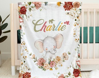 Cute Baby Elephant with Flowers | Personalized Baby Blanket | Baby Blanket with Name | Neutral - Personalizable for Girls or Boys