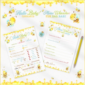 Tarjetas de consejos para bebés | Juego de baby shower |  Tarjetas para rellenar | Abejas | Deseos para el bebe | Plantilla PDF en A6 A5 A4 | Descarga e impresión instantánea