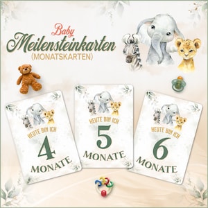 Baby Meilensteinkarten | Elefant Safari | Baby Monatskarten | Fotokarten für Mädchen & Jungen | Zur Schwangerschaft und Geburt | Größe A5