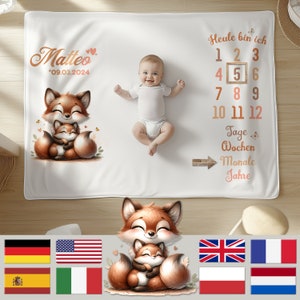 Manta Meses Bebé En Español | Manta Bebe Personalizada, Unisex | Regalo Personalizado De Nacimiento para Nuevas Mamás | Madre zorro con niño