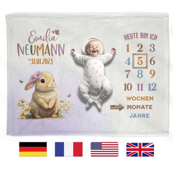 Baby Meilenstein Decke personalisiert | Meilensteindecke mit Namen | Personalisierbare Hasen Decke mit Wunschname | 3 Größen