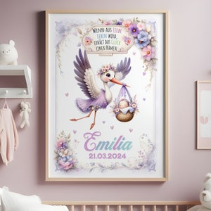 Geburtsposter | Geburtsanzeige | Storch bringt Baby | Personalisiert mit Geburtsdaten | Geschenk zur Geburt / Taufe | Poster oder im Rahmen
