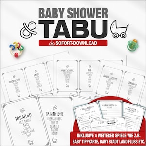 Taboespel voor babyshower (Duits) + 4 extra spellen | Minimalistisch ontwerp | PDF-sjabloon met 99 termen | Direct downloaden en printen