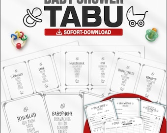 Babyparty Tabu Spiel Deutsch + 4 Extra Spiele | Minimalistisches Design | PDF Vorlage mit 99 Begriffen | Sofort Download und Ausdruck