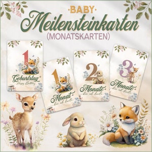 Baby Meilensteinkarten | Baby Fuchs Hase Reh | Baby Monatskarten für Mädchen & Jungen | Zur Schwangerschaft und Geburt | Größe A6 oder A5