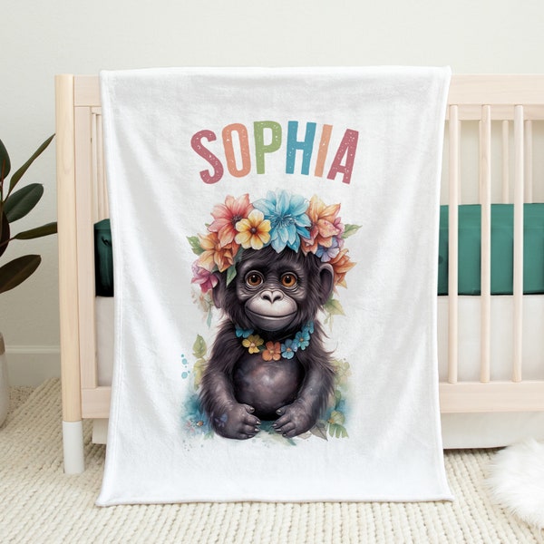 Süsses Gorilla Baby Mädchen mit Blumen | Personalisierte Babydecke | Baby Decke mit Namen | Personalisierbare Mädchen Decke