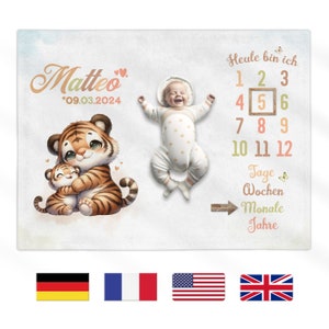 Manta de hito para bebé personalizada | Madre tigre con niño | Manta de hito con nombre | Manta personalizable con el nombre deseado
