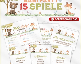 Baby Shower 14 Games | Photo Challenges | Tip Cards | Baby City Country River | Forest Animals Bear Fox | PDF Instant Download and Print