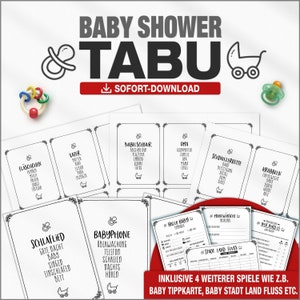 Baby Shower Taboo Game German + 4 Extra Games | Minimalist Design | PDF Template with 99 Terms | Instant Download and Print