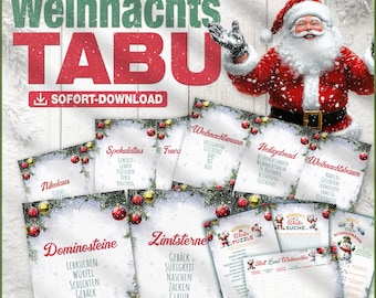Pode incluir: Um conjunto de jogos com tema natalino com o título "Weihnachts TABU" em letras vermelhas grandes. A imagem apresenta o Papai Noel e vários cartões de jogo com palavras alemãs. Inclui o texto "SOFORT-DOWNLOAD" e "+5 EXTRA SPIELE".